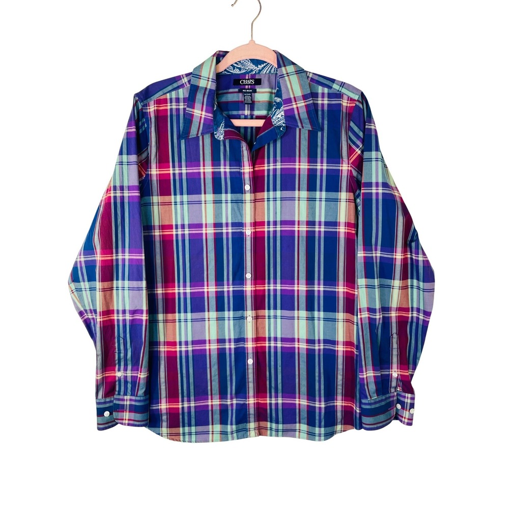 Chaps No Iron Plaid Button Down Shirt Womens XL Blue Purple Pink Long Sleeve Top